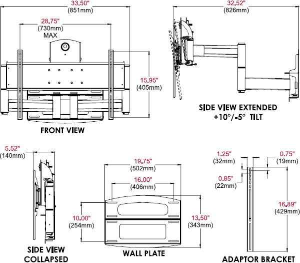 Technical drawing for 
Peerless PLAV70-UNL Universal Articulating Dual Wall Arm, 42