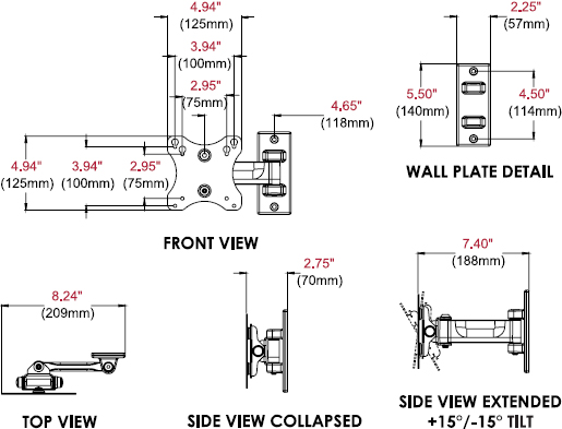 Technical drawing for Peerless PP730 Paramount Pivot Wall Mount for 10