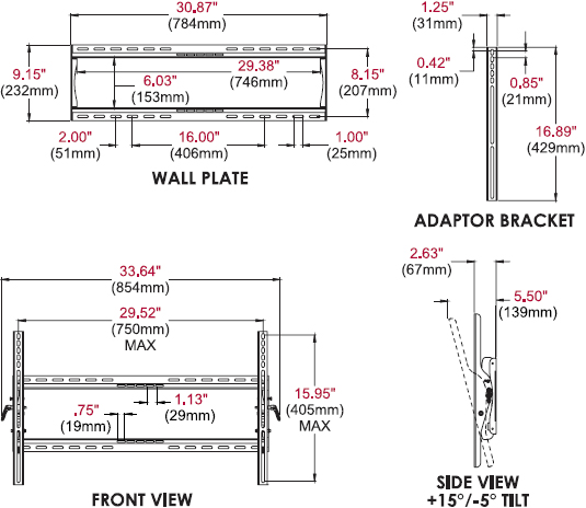Technical drawing for Peerless PT650 Paramount Universal Tilt Wall Mount