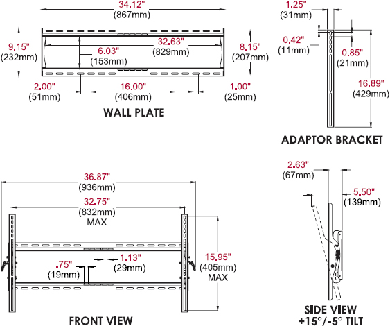 Technical drawing for Peerless PT660 Paramount Universal Tilt Wall Mount