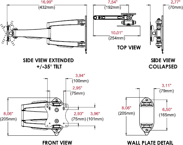 Technical drawing for 
Peerless SA730P SmartMount Articulating Wall Mount for 10