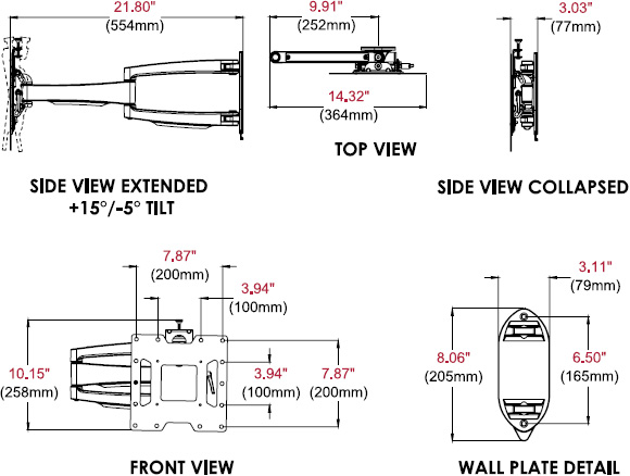 Technical drawing for 
Peerless SA740P SmartMount Articulating TV & Display Wall Mount