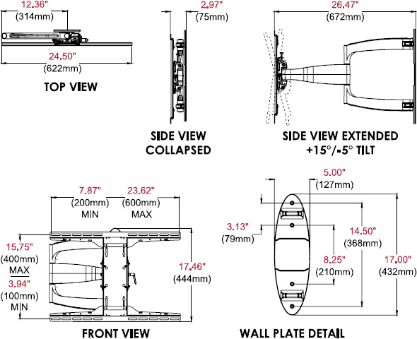 Technical drawing for 
Peerless SA752PU SmartMount Articulating Wall Mount, 37-55