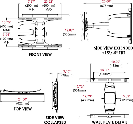 Technical drawing for 
Peerless SA761PU SmartMount Articulating Wall Arm, 39-75