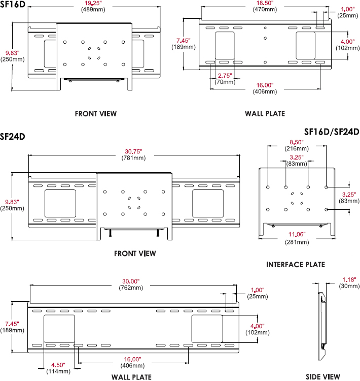 Technical drawing for Peerless SF16D or SF24D Display-Specific Flat Wall Mount