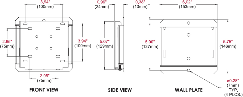 Technical drawing for Peerless SF630 or SF630P SmartMount Flat Wall Mount