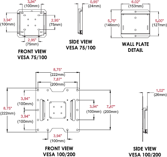 Technical drawing for Peerless SF632 or SF632P SmartMount Flat Wall Mount for 22"-40"