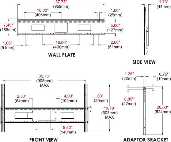 Technical drawing for Peerless SF670 SmartMount Universal Flat Wall Mount