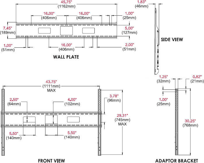 Technical drawing for Peerless SF680 or SF680P SmartMount Universal Flat Wall Mount