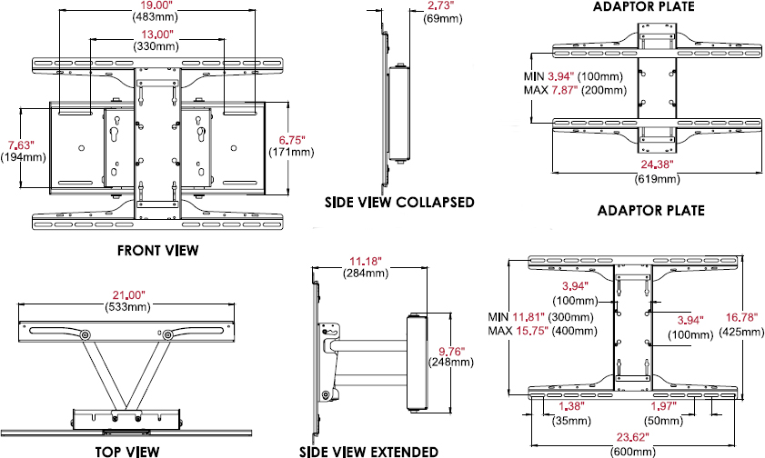 Technical drawing for Peerless SP850-UNL/SP850-UNLP Universal Pull-out Pivot Wall Mount