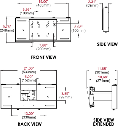 Technical drawing for Peerless SP850 Pull-out Pivot Wall Mount for 32"-80" Display