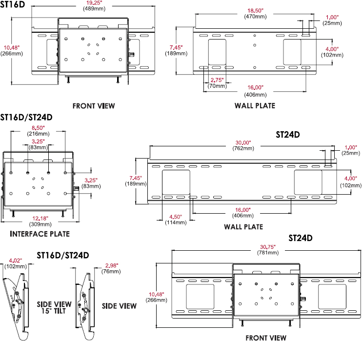 Technical drawing for Peerless SF16D or SF24D Display-Specific Flat Wall Mount up to 71"