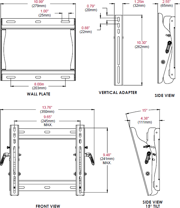 Technical drawing for Peerless ST635 or ST635P Universal Tilt Wall Mount 13-37" Display