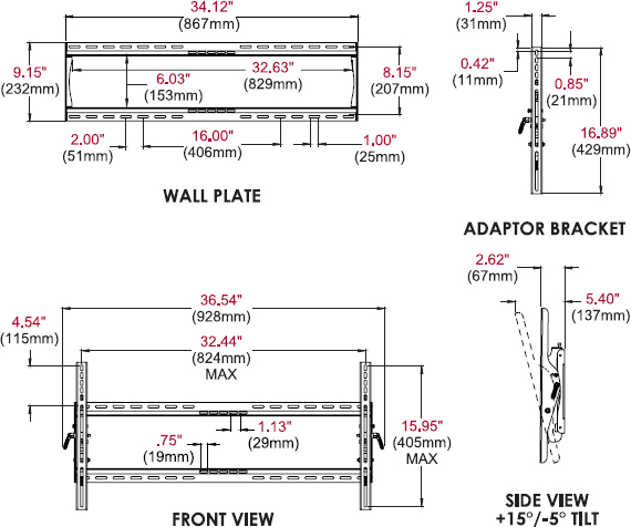 Technical drawing for Peerless ST660 or ST660P SmartMount Universal Tilt Wall Mount