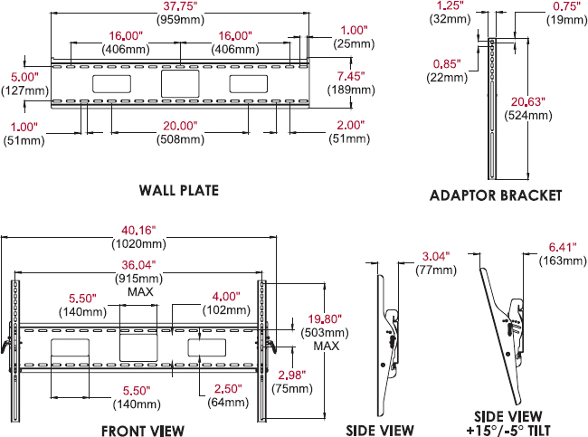 Technical drawing for Peerless ST670 or ST670P SmartMount Universal Tilt Wall Mount