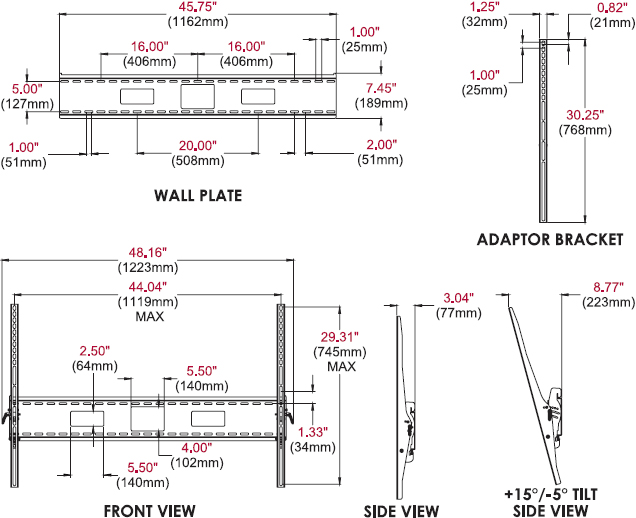 Technical drawing for peerless ST680 SmartMount Universal Tilt Wall Mount
