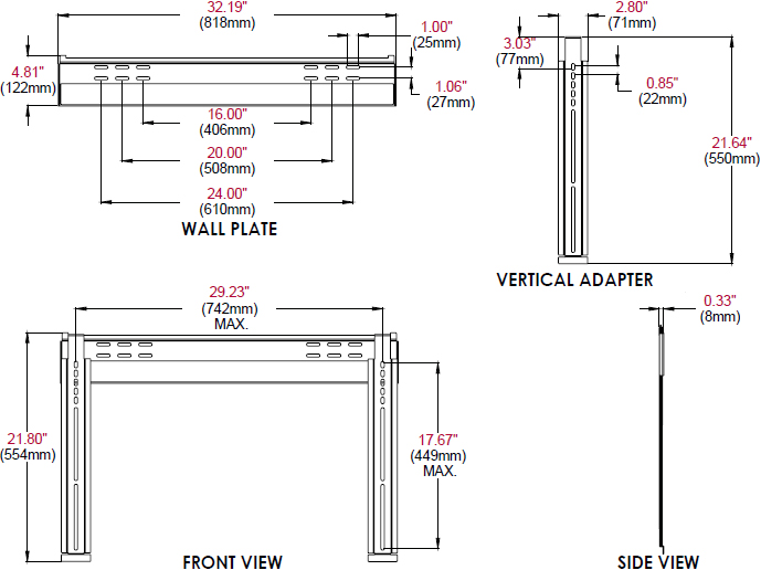 Technical drawing for Peerless SUF650P Universal Ultra Slim Flat Wall Mount