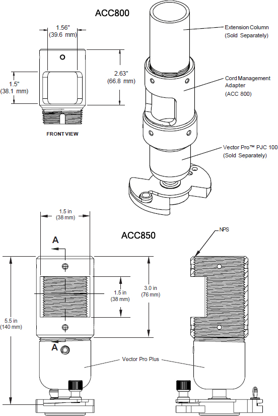 Technical drawing for 
Peerless ACC800 or ACC850 Extension Column Connector with Cord Management