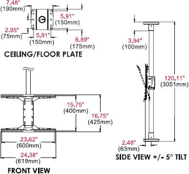 Technical Drawing for Peerless MOD-FCSKIT300 Modular Series Floor-to-Ceiling Kit up to 75