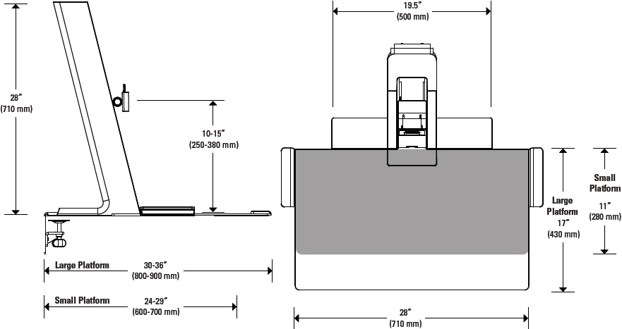 Technical drawing for Humanscale QuickStand Light Workstation with Small Platform