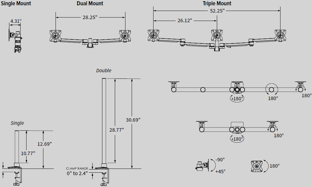 Technical Drawing for Workrite Conform Static Series Monitor Arm