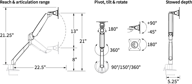 Technical Drawing for Workrite JIBE-1SDA-CCG Single Articulating Monitor Arm