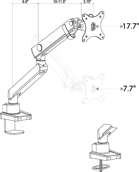 Technical Drawing for Ergodirect EDM-LIFT-1 Peak Single Articulating Monitor Arm