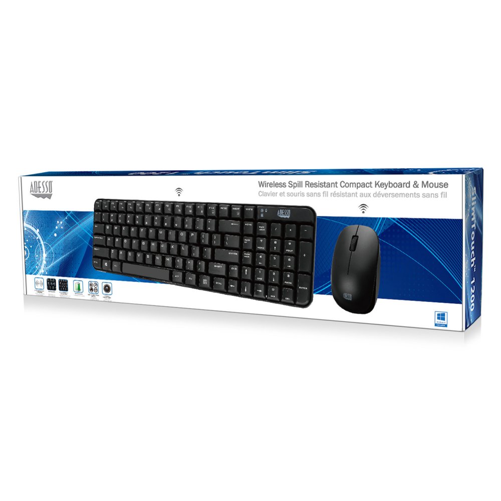 Adesso WKB-1200CB Wireless Spill Resistant Compact Keyboard & Mouse Combo