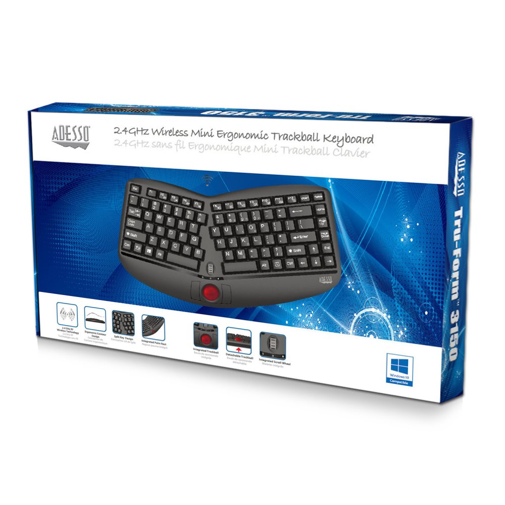 Adesso WKB-3150UB Tru-Form Media Wireless Ergo Trackball Keyboard