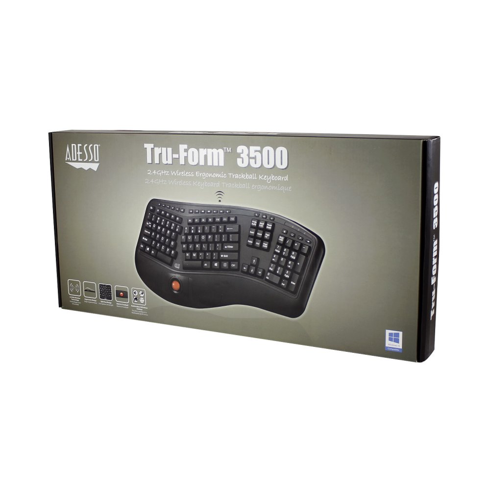 Adesso WKB-3500UB Tru-Form Wireless Ergonomic Trackball Keyboard