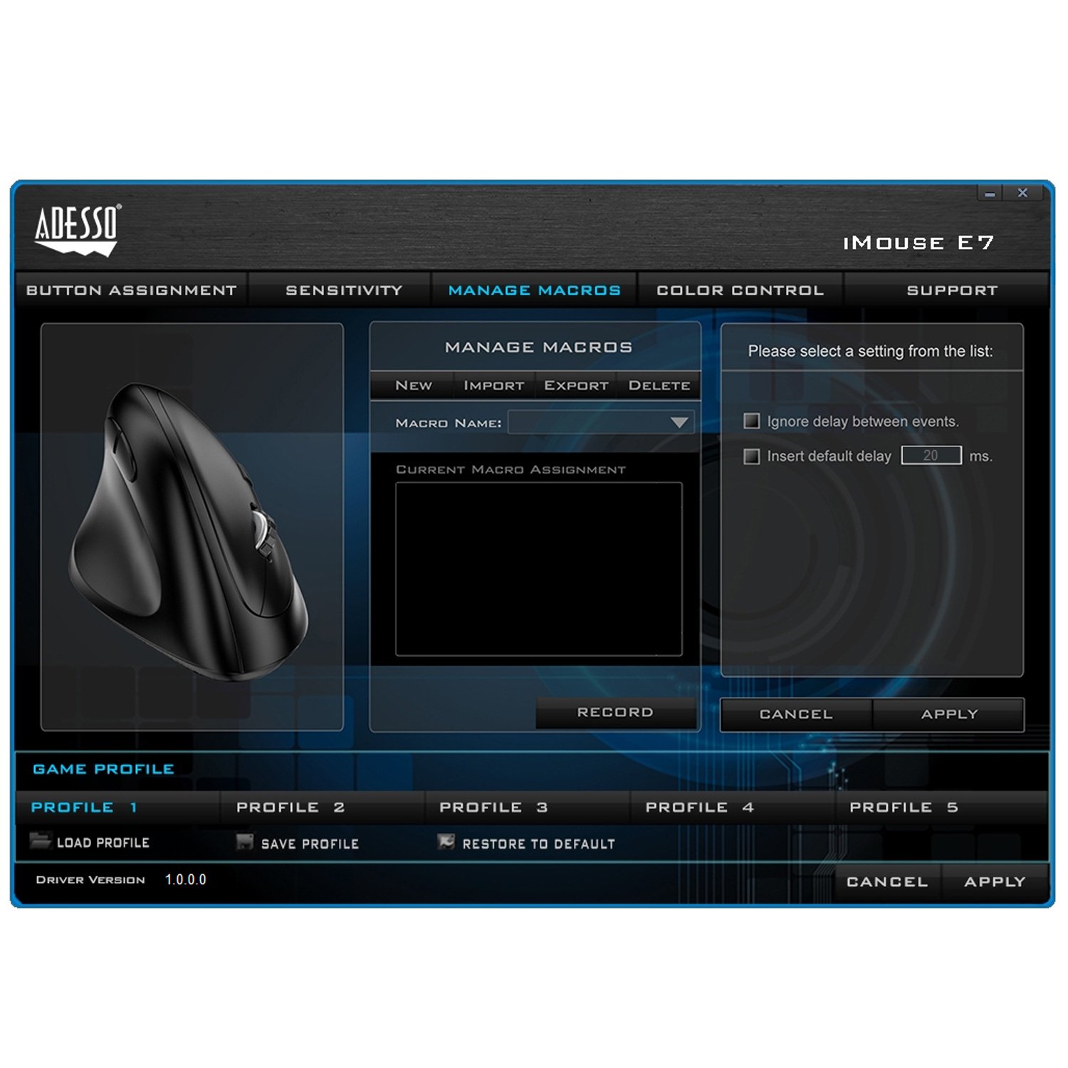 Adesso iMouse E7 Left-Handed Vertical Ergonomic Programmable Gaming Mouse