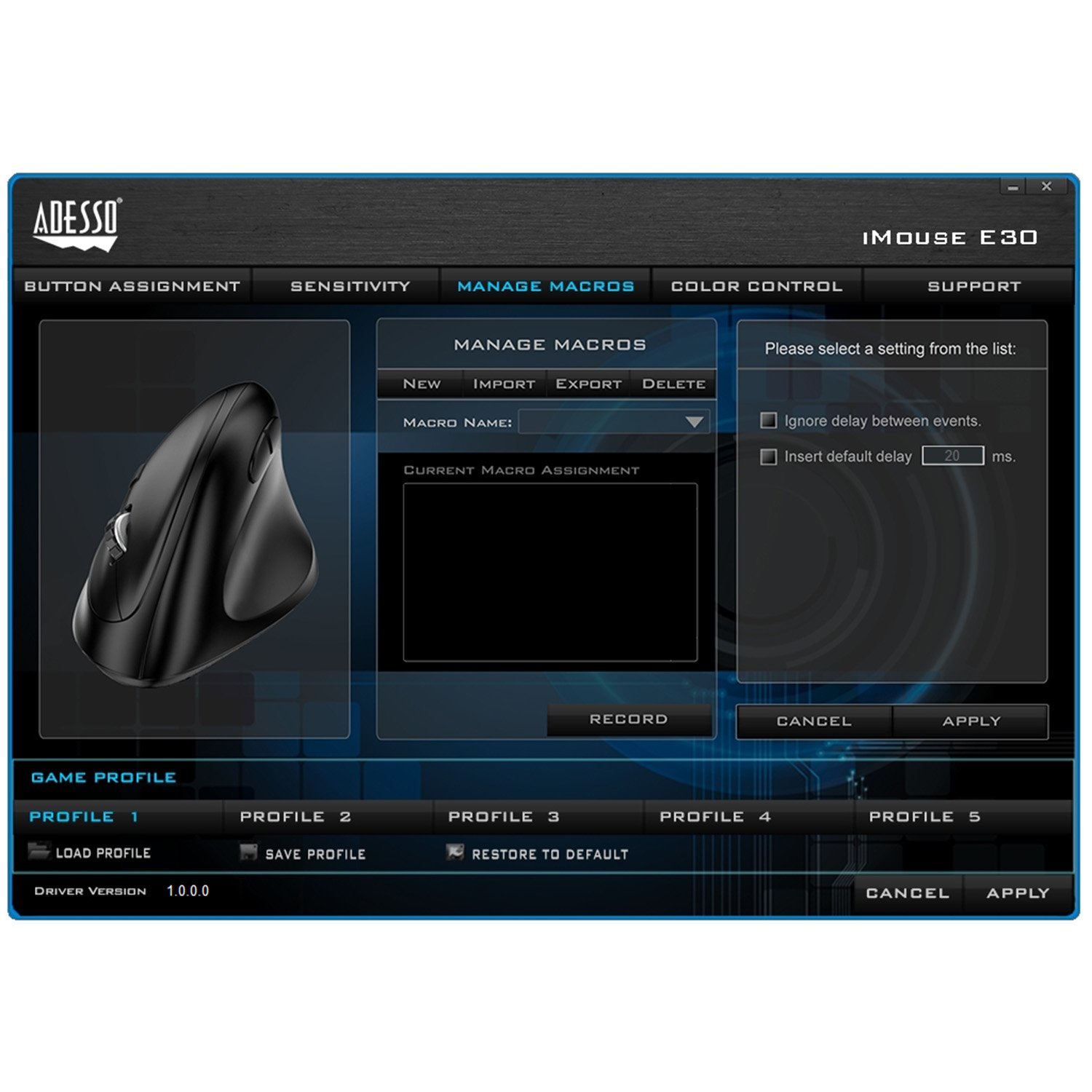 Adesso iMouse E30 Wireless Vertical Programmable Mouse