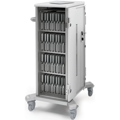 The Tablet Charging Cart holds 40 devices in four rows of ten bays. With 10 in a row, it's easy to see from a distance which units are docked and which are in use. And stacking in four rows gives the cart a small footprint. Metal bay dividers are made of 16-gauge steel with a durable powder-coat finish