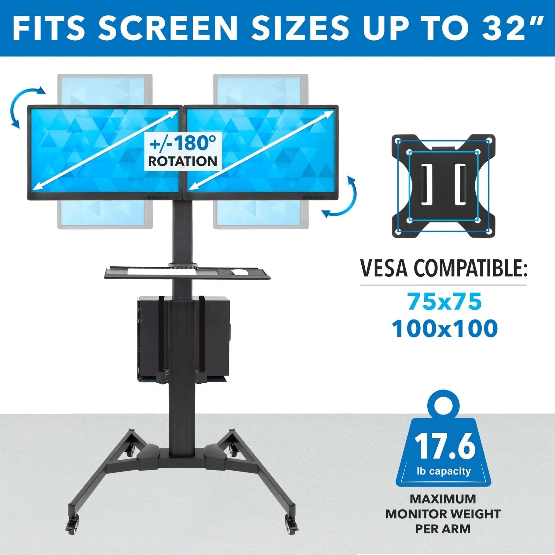 Mount-IT! Mobile PC Workstation for Dual Monitors - MI-7986