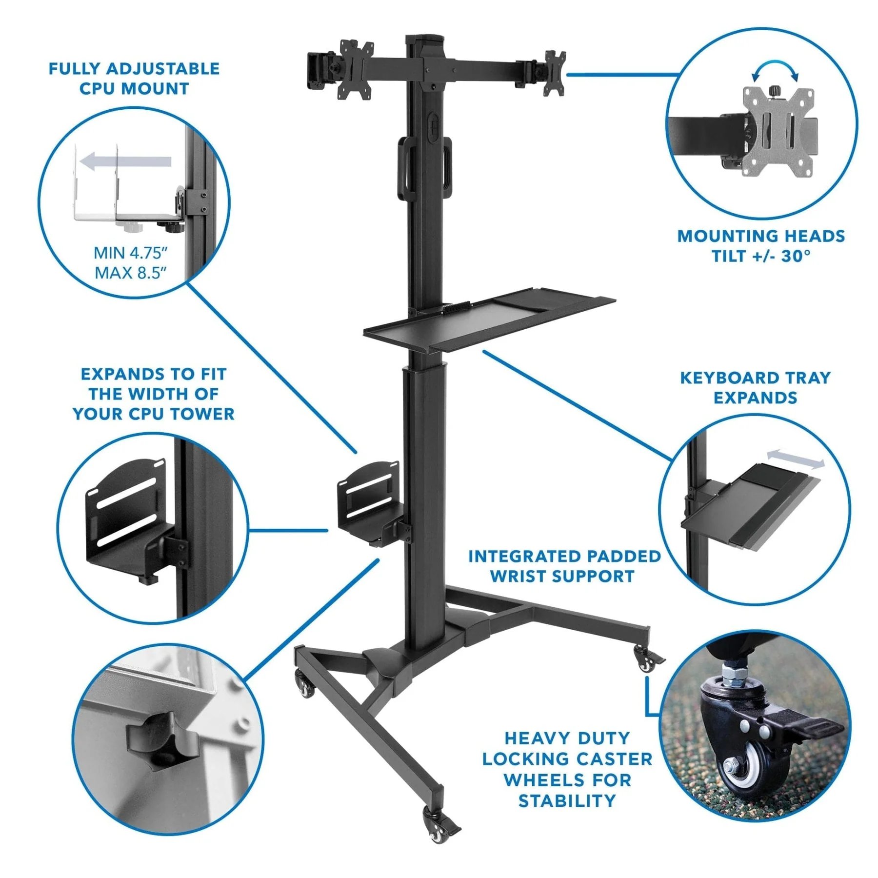 Mount-IT! Mobile PC Workstation for Dual Monitors - MI-7986