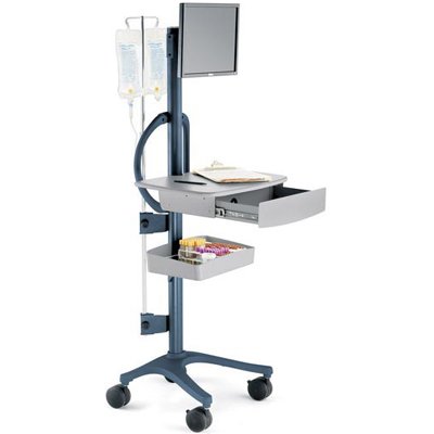 The Zido Pole Cart (66” high) comes with just the tall pole and the base so you can outfit it just the way you need. Shown here with: 1. Monitor Mount, Single, 2. Pole Cart Handle, 3. Additional Shelf, Large, 4. Drawer, 5. Metal Bin, 6. IV Pole & Brackets (sold separately)