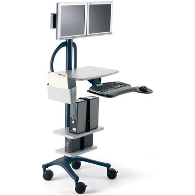 Easily create an all-in one mobile computer cart that carries a complete set-up on a compact footprint. This Zido Pole Cart is configured as a complete mobile patient-treatment cart. This set-up shown with: 1. Flat Panel Monitor Mount Dual, 2. Handle - Pole Cart, 3. Side Bin, 4. 169BK Style D Zido Keyboard and Mouse Caddy, 5. Equipment Shelf - Medium, 6. Equipment Shelf - Small (sold separately)