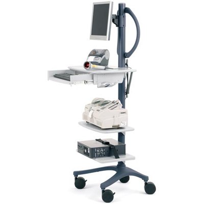 Inventory management is easy with this Zido Pole Cart set-up that holds the computer, printer and other equipment securely. The Large Shelf is installed for a standing-height work surface and the tilting Monitor Mount adjusts so anybody can use the monitor comfortably. This configuration shown with: 1. Equipment Shelf, Medium, 2. Additional Shelf, Medium, 3. Additional Shelf, Large, 4. Keyboard Drawer, 5. Mouse Holder, 6. Hooks, 7. Monitor Mount, Single, 8. Handle - Pole Cart (sold separately)