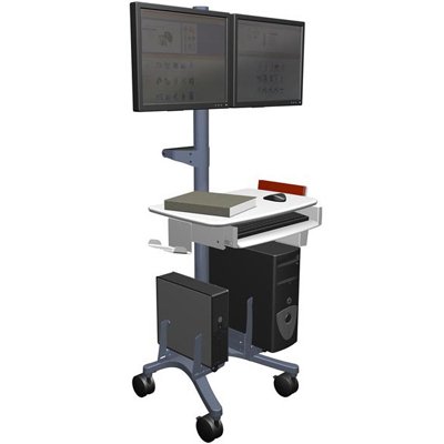 Zido's steady base supports multiple computers and multiple monitors. The two CPU SideRacks (Mini on left, Standard on right) support multiple computers on the cart's strong, steady base within cart's compact footprint. This configuration shown with: 1. CPU SideRack, Mini, 2. CPU SideRack, Standard, 3. Mouse Holder, 4. Keyboard Drawer, 5. Side Bin, 6. Handle, 8