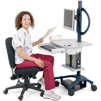 Zido EMR cart holds the entire set-up conveniently. Adjusts the height to a comfortable sitting height, pulls out the Keyboard Drawer and types away. This cart shown with: 1. Base Storage Shelf,  2. Equipment Shelf (Small), 3. Mouse Holder, 4. Keyboard Drawer, 5. Side Bin, 6. Extension Tube, 7. Single Monitor Mount, 8. Handle - Pole Cart (sold separately)