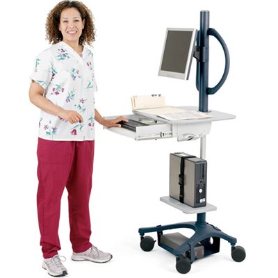 When needs to work while standing, just squeezes the lever and adjustable-height EMR cart lifts to standing height. Tilted the monitor for a comfortable view too. This cart shown with: 1. Base Storage Shelf,  2. Equipment Shelf (Small), 3. Mouse Holder, 4. Keyboard Drawer, 5. Side Bin, 6. Extension Tube, 7. Single Monitor Mount, 8. Handle - Pole Cart (sold separately)