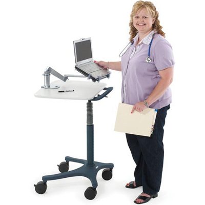 Added an ergonomic laptop arm to 25” wide Adjustable-height Zido EMR cart. The arm clears space on cart’s worksurface and provides extra security for laptop. This unit shown with: 1. Handle, 2. Ergonomic Laptop Arm (sold separately)