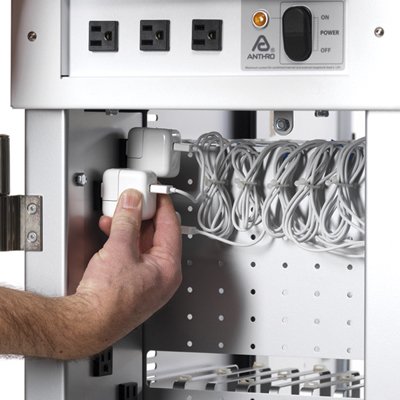 The separate locking IT area at the back of the cart protects and conceals chargers and power outlets, away from users.  The power column has 42 outlets for your 40 devices, your laptop, and one extra.  The pegboard divider panel comes with clips to bundle each cord.  The large area is 13.25”w x 5”d x 32.75”h, plenty of room for all the cables and power adapters.  Ventilated door and side panels keep air moving