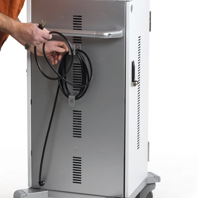 The cart comes with a 14-foot long power cord so you can use the cart anywhere in the room without being limited by the length of the cord.  Wrap the cord on the cable hooks when not in use
