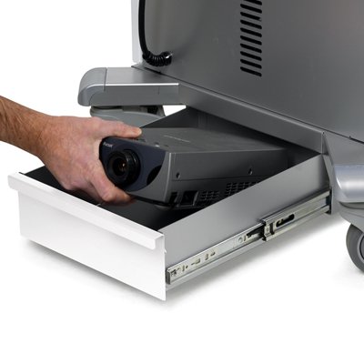 Store your headphones, projector, and other peripherals in the optional metal drawer.  It measures 10.75”w x 14.5”d x 4”h and fits on the bottom of the cart, between the casters.  Full-extension glides pull the drawer body all the way out so you can reach every inch of the drawer.  Holds up to 15 lbs.