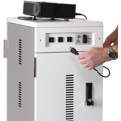 Three outlets above the cart's back door give you convenient access to power for your projector, Sync Kit, or laptop without tripping on cords