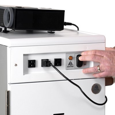 The on/off switch directs power to all the cart's outlets, and an indicator light shows when the power is off to the outlets and it's safe to plug in your devices.