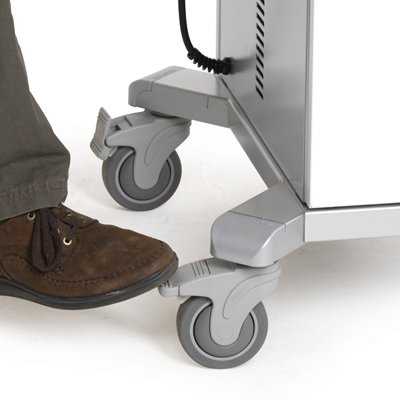 The cart’s four 4” casters all lock to keep the cart in place.  And because they all lock, you can set the brakes from any side of the cart.