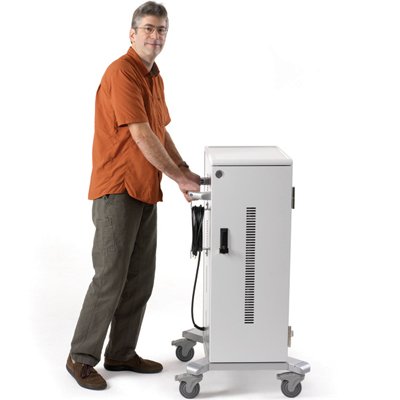 The cart’s small size, large 4” locking casters, and 18”-wide handle make the cart very easy to move, even through tight spaces.  Move it wherever you want and lock the casters in place.  The long 14-foot cord reaches your wall outlet when you need power.