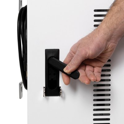 Keyed locks on the front and back door protect your devices.  The low-profile door handles recess into each door so they're out of the way.  Tilt them up and rotate to open each door.